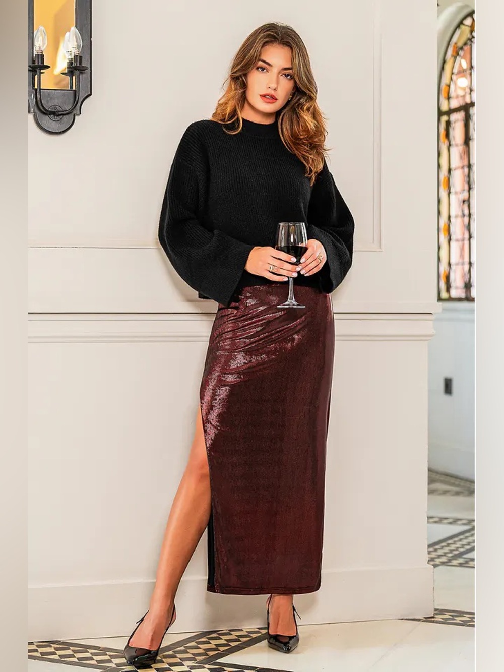 Cupshe:  Premium High-Slit Shimmer Maxi Skirt in Burgundy